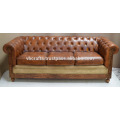 Vintage Leather Sofa Wooden Leg,